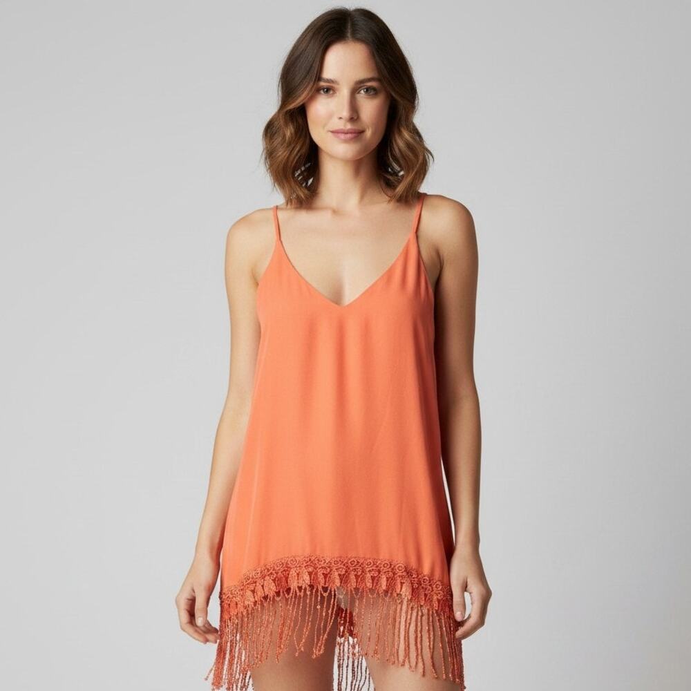 NWT Heart Soul Womens V Neck Tank Top w/ Lace Fringe Orange Size Large
